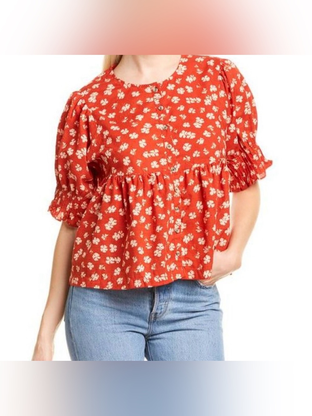 Madewell Womens Shirt Size S Puff Sleeve Swiss Dot Happy Hibiscus